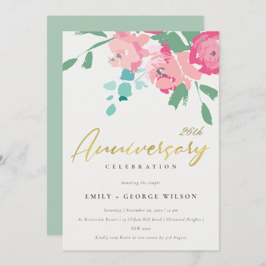 ピンクブルー金ゴールド牡丹フローラ毎年1周年記念 招待状 (正面/裏面)