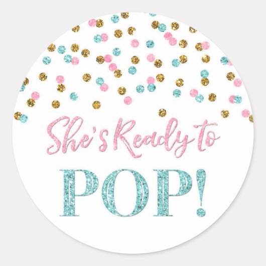 ピンクブルー金ゴールド紙吹雪準備ポップ・アートの ラウンドシール (正面)