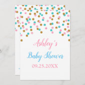 ピンクブルー金ゴールド紙吹雪男女兼用ベビーシャワー 招待状 (正面/裏面)