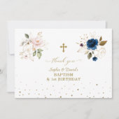ピンクブルー金ゴールド花双生児1歳バプテスマ サンキューカード (正面)