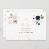 ピンクブルー金ゴールド花双生児1歳バプテスマ サンキューカード (正面/裏面)
