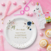 ピンクブルー金ゴールド花双生児1歳バプテスマ ペーパープレート (パーティー)