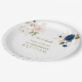 ピンクブルー金ゴールド花双生児1歳バプテスマ ペーパープレート (アングル)