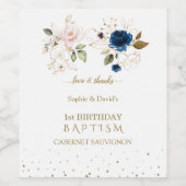 ピンクブルー金ゴールド花双生児1歳バプテスマ ワインラベル (シングルラベル)