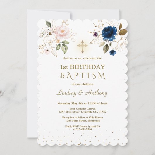 ピンクブルー金ゴールド花双生児1歳バプテスマ 招待状 (正面)