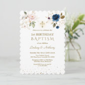 ピンクブルー金ゴールド花双生児1歳バプテスマ 招待状 (スタンド正面)