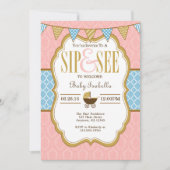 ピンクブルー金ゴールドSipとsee招待状 招待状 (正面)