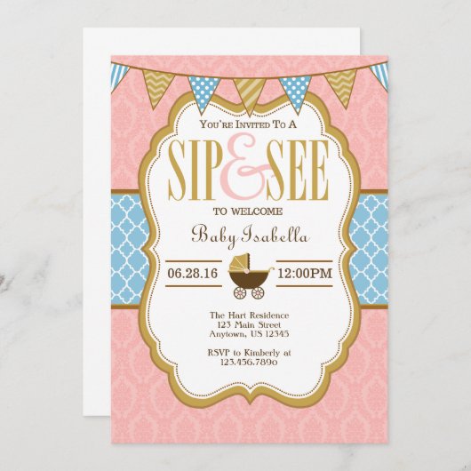 ピンクブルー金ゴールドSipとsee招待状 招待状 (正面/裏面)
