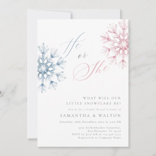 ピンクブルー雪片ジェンダー表示パーティー 招待状 (正面)