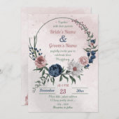 ピンクブルー&ホワイトフローラグリーン結婚リース 招待状 (正面/裏面)