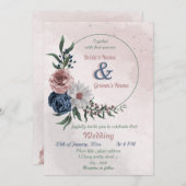 ピンクブルー&ホワイトフローラグリーン結婚リース 招待状 (正面/裏面)