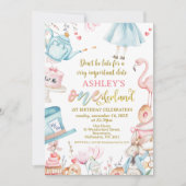 ピンクブルー ワイルドフラワー アリス ワンダーランド 1歳誕生日 招待状 (正面)