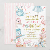 ピンクブルー ワイルドフラワー アリス ワンダーランド 1歳誕生日 招待状 (正面/裏面)