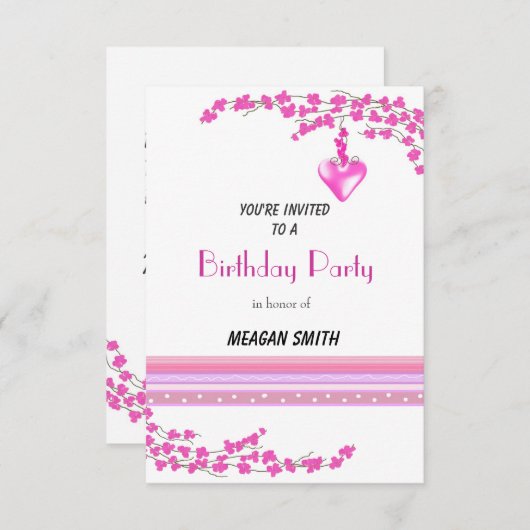 ピンクブロッサムの誕生日パーティーの招待状 招待状 (正面/裏面)