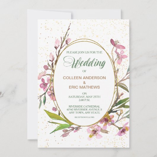 ピンクブロッサムオーバル金ゴールドフレーム結婚式招待状 招待状 (正面)