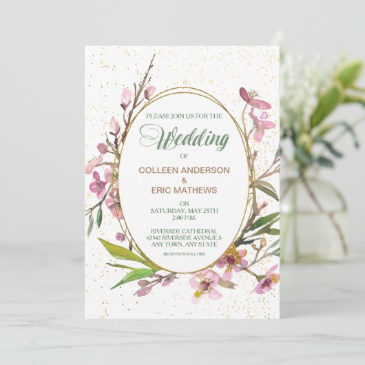 ピンクブロッサムオーバル金ゴールドフレーム結婚式招待状 招待状 (スタンド正面)