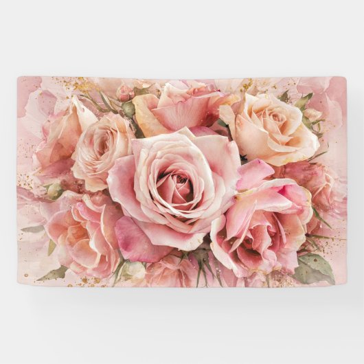 ピンクブロッサムバラ水彩壁画プリント#3 横断幕 (横)