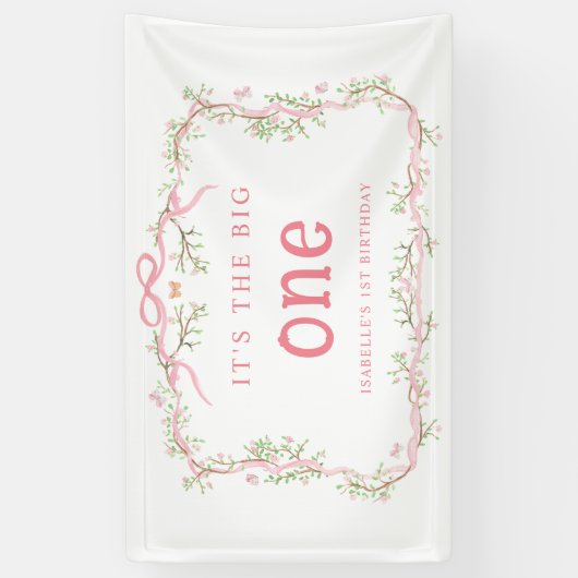 ピンクブロッサムフローラフレーム1st誕生日パーティー 横断幕 (縦)