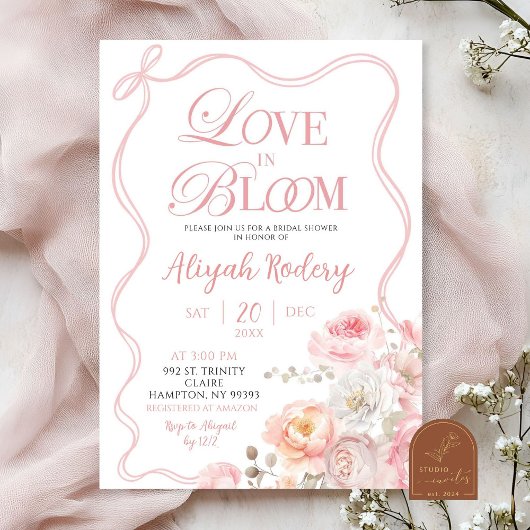 ピンクブロッサムフローララブイン開花ブライダルシャワー 招待状