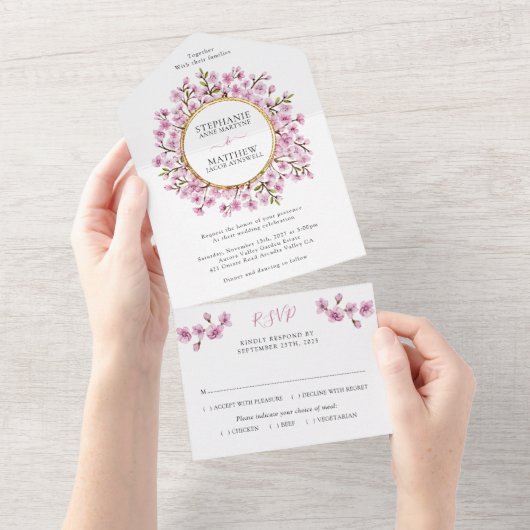 ピンクブロッサムフローラ結婚金ゴールド オールインワン招待状 (貼ってはがせる)