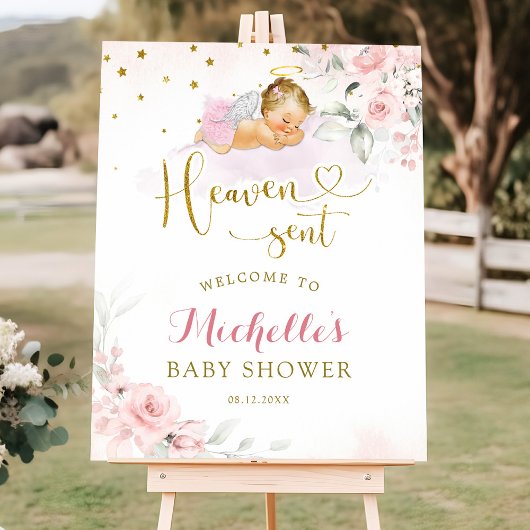 ピンクブロンデエンジェルベビー天国がウェルカムサインを送信 ポスター
