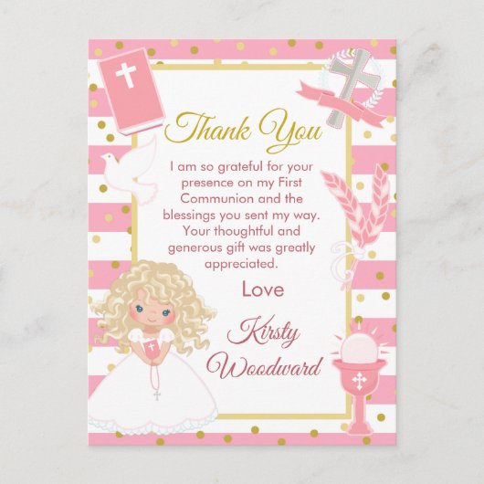 ピンクブロンド髪の女の子ファースト・コミュニオンサンキュー ポストカード (正面)
