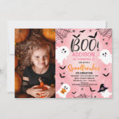 ピンクブーガールズハローウィンパーティフォト誕生日 招待状 (正面)