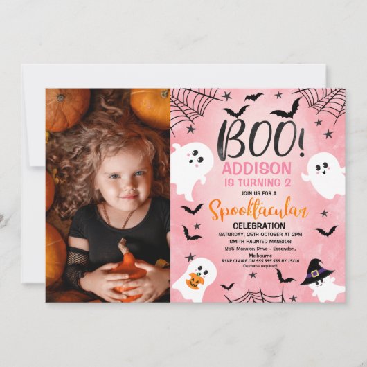 ピンクブーガールズハローウィンパーティフォト誕生日 招待状 (正面)
