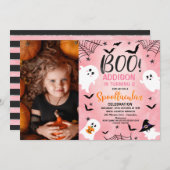 ピンクブーガールズハローウィンパーティフォト誕生日 招待状 (正面/裏面)