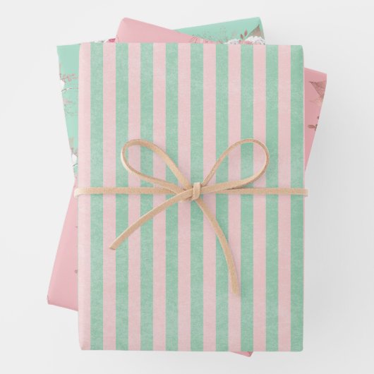 ピンクブーケとマッチングのストライプ ラッピングペーパーシート (インサイチュ)