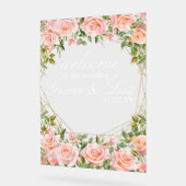 ピンクブーケボタニカル花模様結婚金ゴールド アクリルサイン (傾斜)