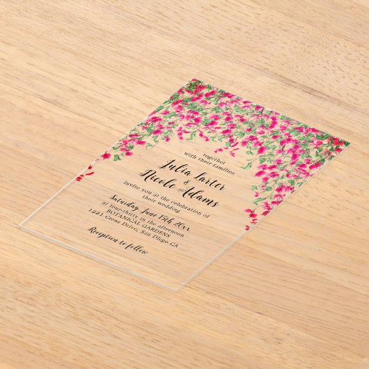 ピンクブーゲンビリア熱帯林ウェディングシャワー アクリル招待状 (レイダウン)