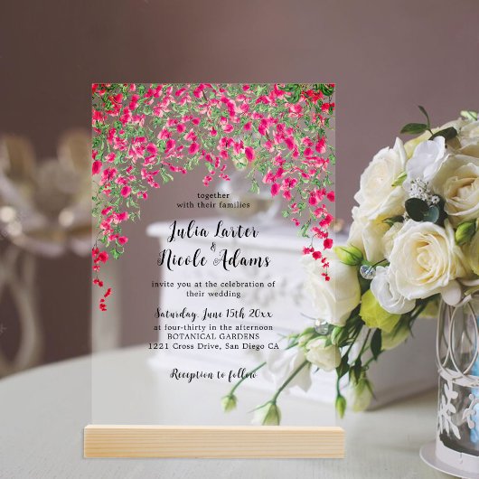 ピンクブーゲンビリア熱帯林ウェディングシャワー アクリル招待状