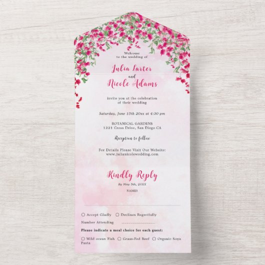 ピンクブーゲンビリア熱帯林ウェディングシャワー オールインワン招待状 (内側)