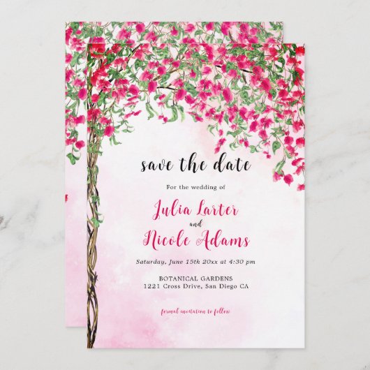ピンクブーゲンビリア熱帯林ウェディングシャワー セーブザデート (正面/裏面)