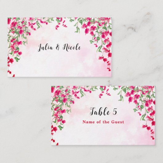 ピンクブーゲンビリア熱帯林ウェディングシャワー プレイスカード (正面/裏面)