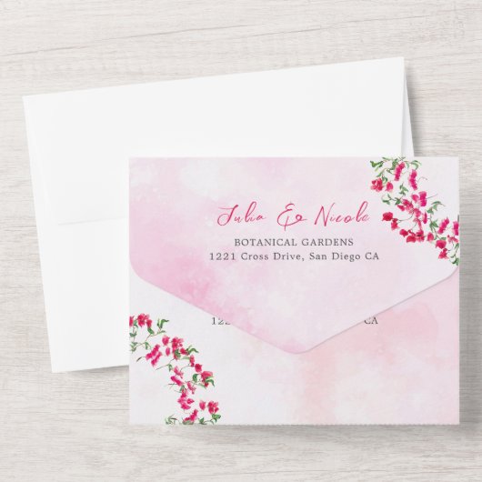 ピンクブーゲンビリア熱帯林リース結婚ズ オールインワン招待状 (裏面)