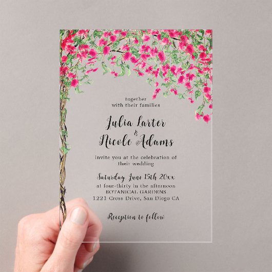 ピンクブーゲンビリア熱帯林結婚の アクリル招待状 (インサイチュ (ポータブル))