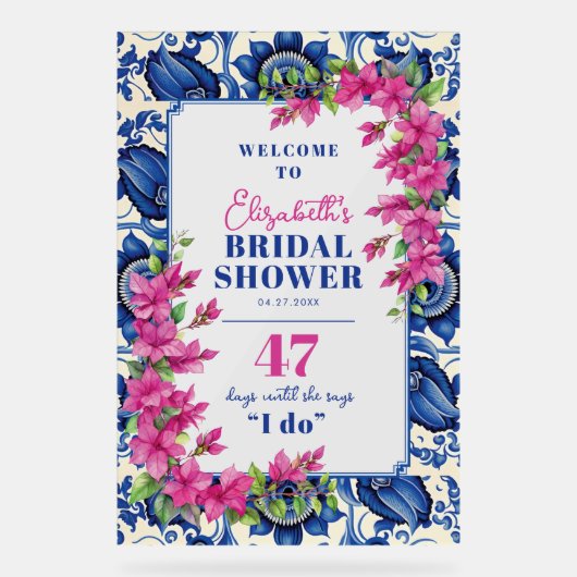 ピンクブーゲンビレアブルータイルブライダルシャワーへようこそ アクリルサイン (正面)