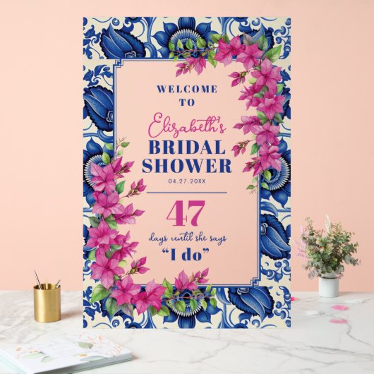 ピンクブーゲンビレアブルータイルブライダルシャワーへようこそ アクリルサイン (ウェディング)