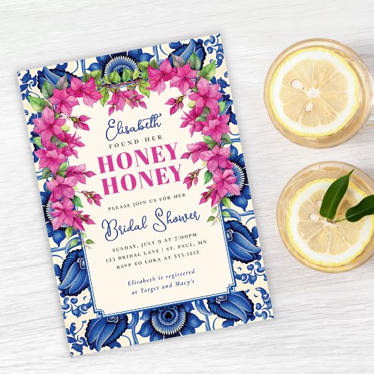 ピンクブーゲンビレアブルータイルブライダルシャワー 招待状