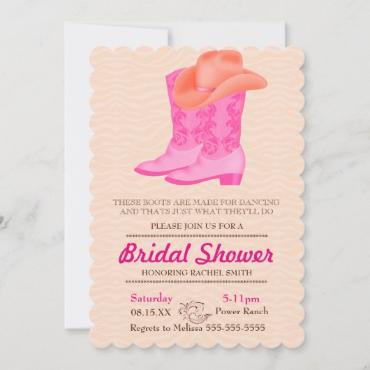 ピンクブーツ女性のカーボーイカントリーブライダルシャワー招待 招待状 (正面)