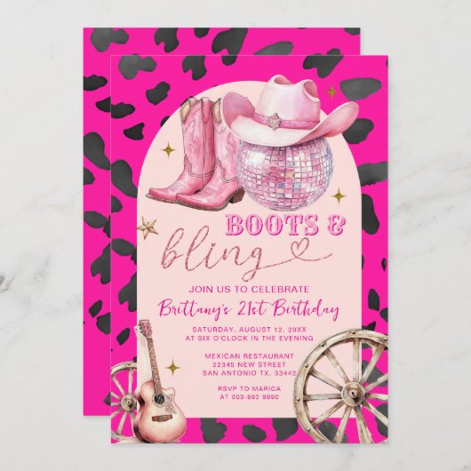ピンクブーツ&カウボーイきらきら光るブーツ誕生日 招待状 (正面/裏面)