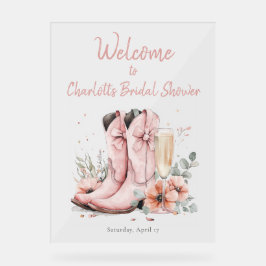 ピンクブーツ&バブルシャンパンガラスブライダルシャワー アクリルサイン