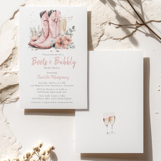 ピンクブーツ&バブルシャンパンガラスブライダルシャワー 招待状