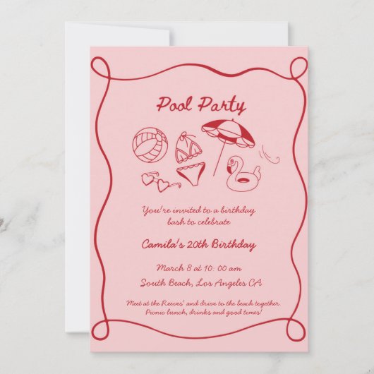 ピンクプお洒落ールパーティーサマーデイ招待状 招待状 (正面)