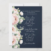 ピンクプオーニーズネイビー背景結婚式招待状 (正面)