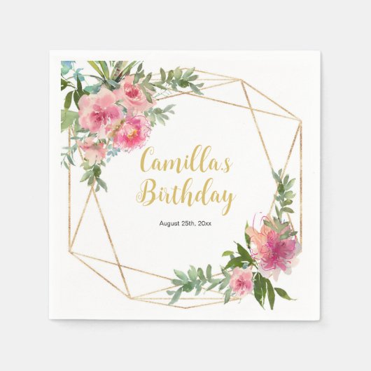 ピンクプオーニー誕生日 スタンダードカクテルナプキン (正面)