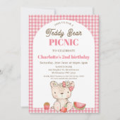 ピンクプモダンライドアーチテディベアピクニック誕生日 招待状 (正面)