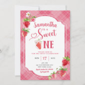 ピンクプライド甘い一女の子イチゴ1st誕生日 招待状 (正面)